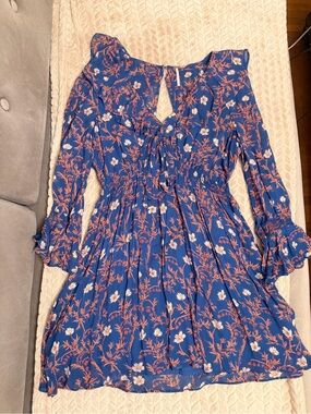 Free People Blue Floral Ruffle Long-Sleeve Dress 100%rayon viscoses